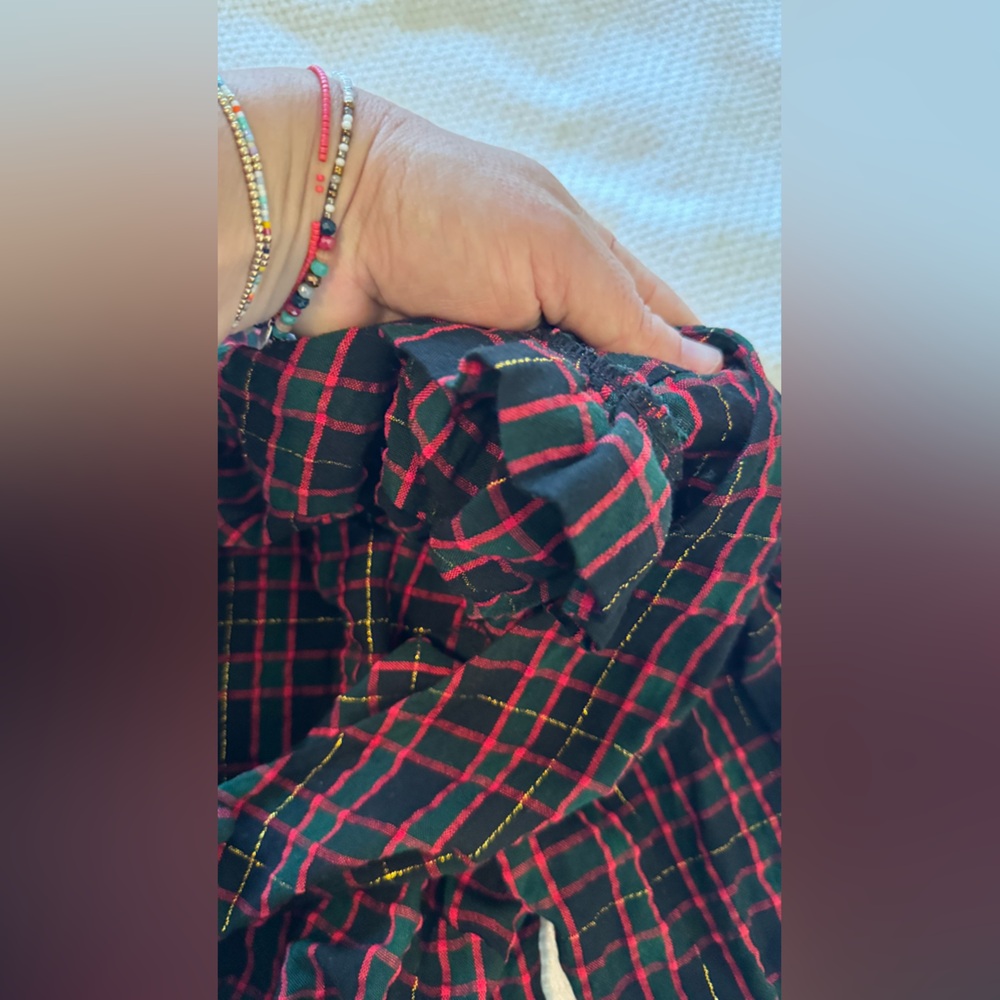 LOFT Black Red Green Gold Plaid V-Neck Blouse Puff Sleeve Top Women’s Shirt - Picture 12 of 16